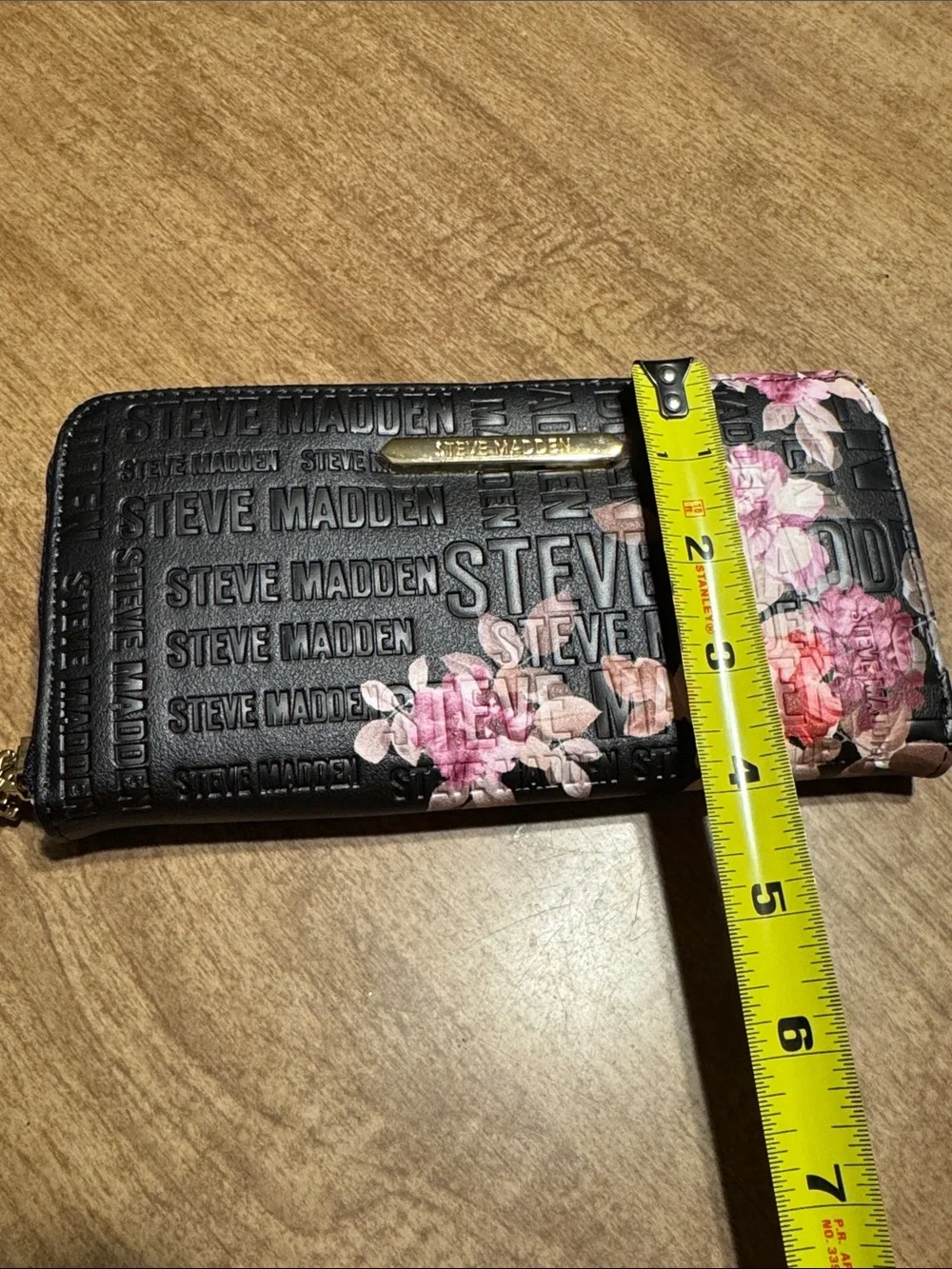 Steve Madden Black Wallet with Pink Floral Print and Gold Hardware